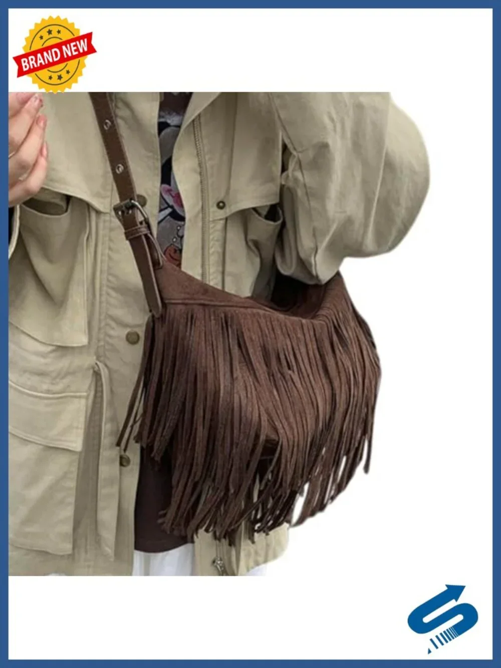 Vintage Suede Fringe Hobo Bag Tote Shoulder Bag Crossbody Purse